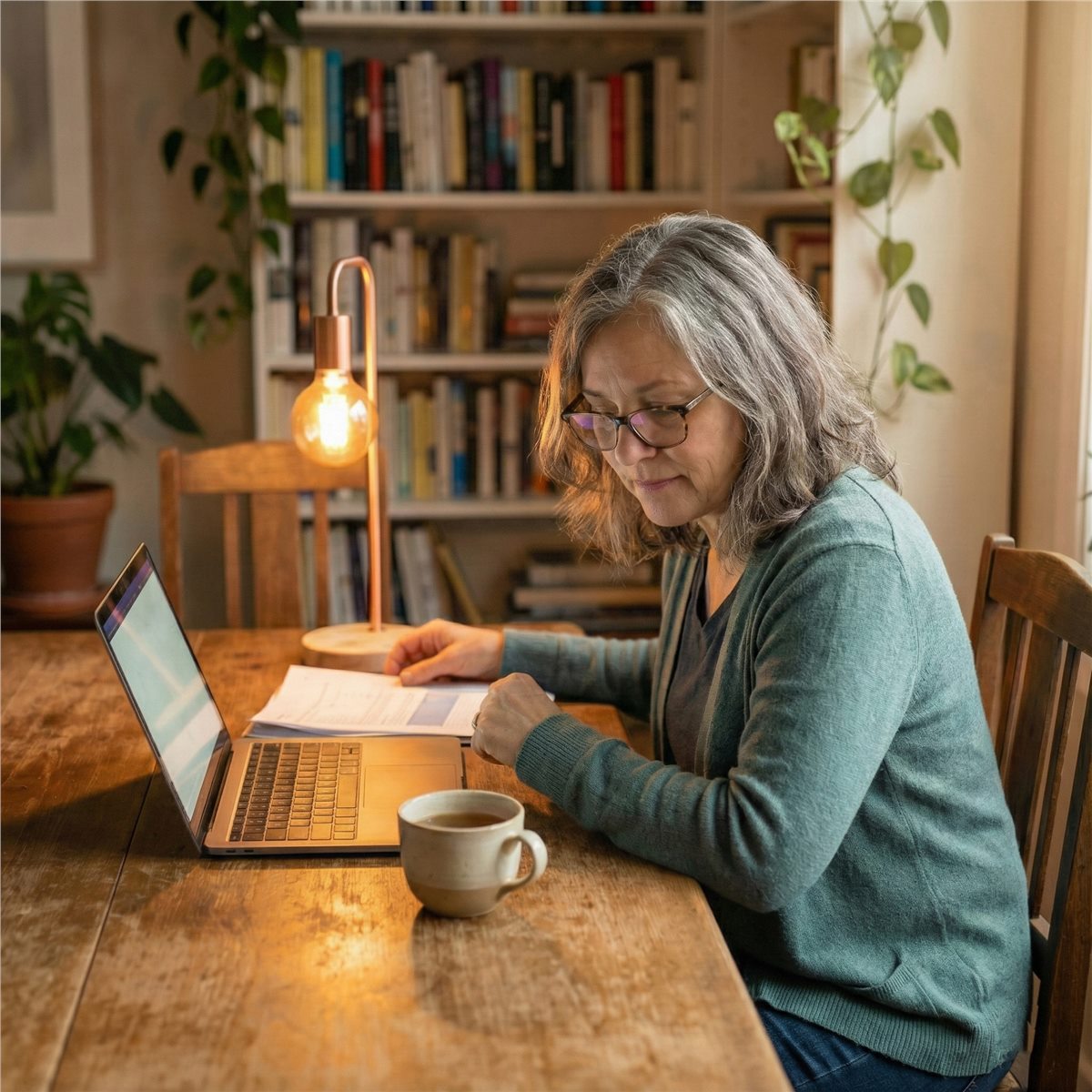 A woman reviewing paperwork beside a laptop